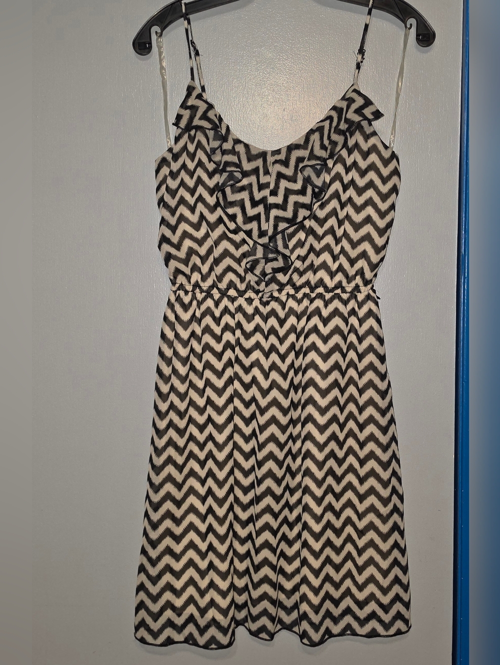 No Boundaries Black & Tan Chevron Ruffle Mini Dress
